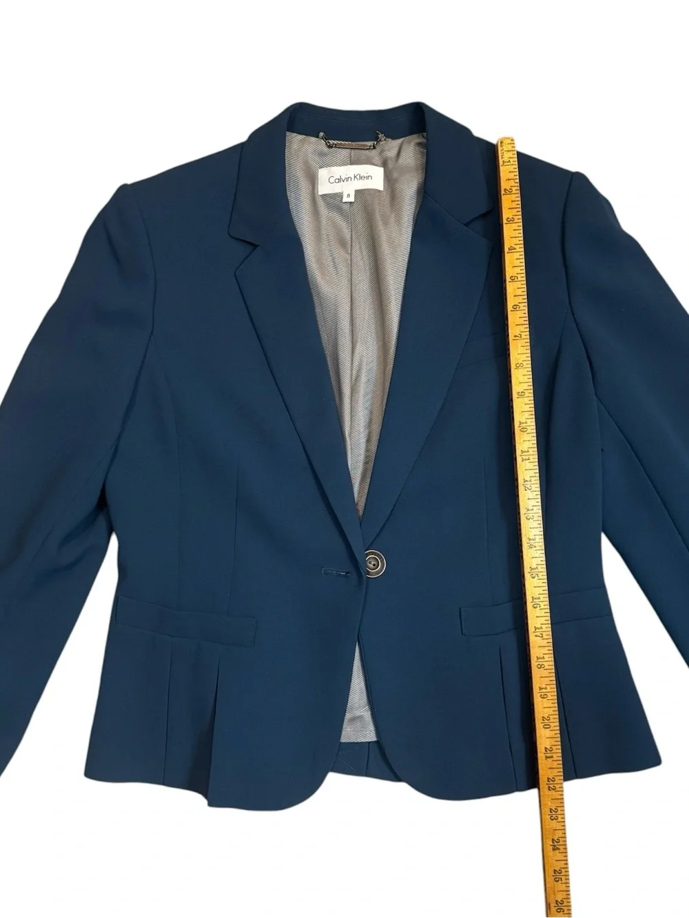 Calvin Klein Blue Pleated Peplum One Button Tailored Blazer Jacket Size 8